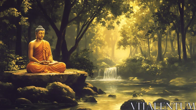 Buddha statue sits in orange robes beside forest waterfall