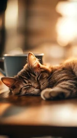 Tabby Cat Resting by Warm Coffee Cup.