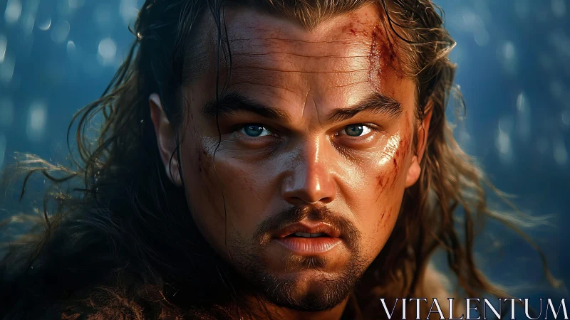 Battle-worn man stares ahead with intense, piercing focus.