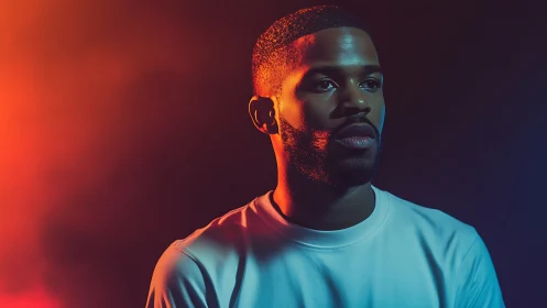 Portrait under split complementary neon orange and cyan rim light