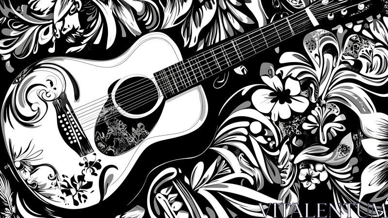 Floral guitar dreams in bold black and white rhythm.