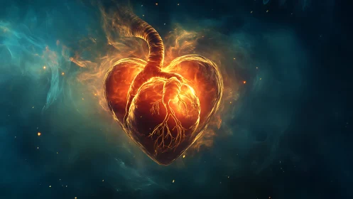 Luminous Heart: Glowing Anatomical Organ in Ethereal Fire.