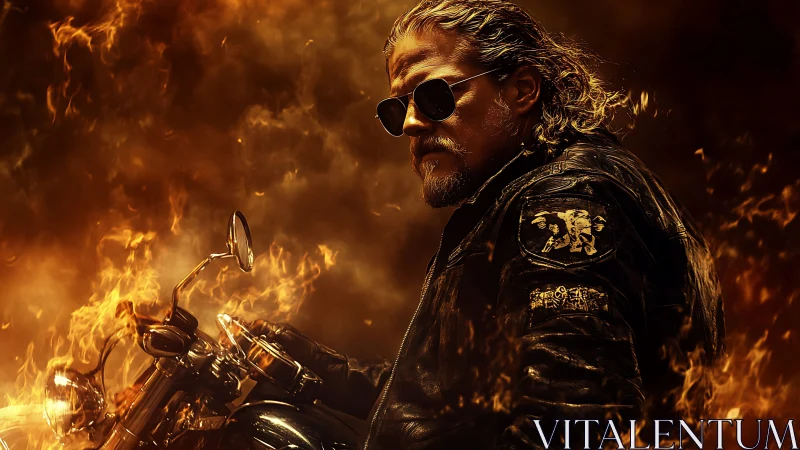 Flame-ringed biker king cruising through molten dusk.