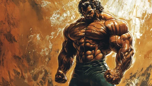 Titanic muscular warrior poised in a raw painted inferno.