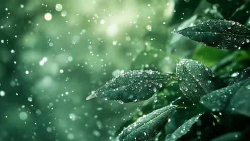 Rain-drenched green leaves catch glowing backlight softly.