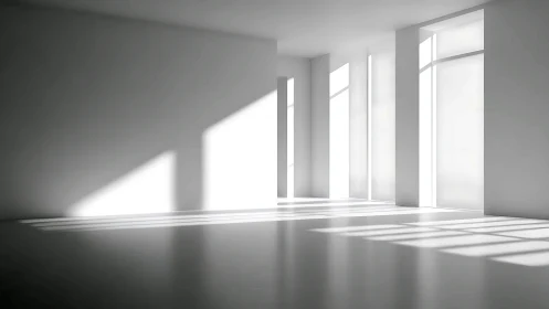 Minimalist white interior carved by strong window light.