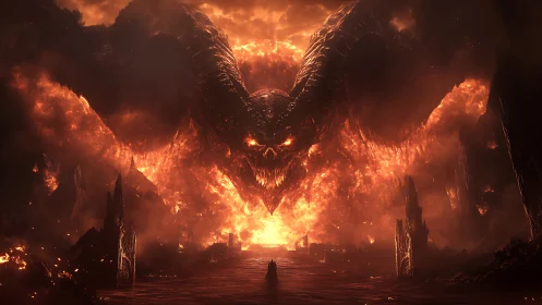 Colossal fire demon towers above lone figure in hellscape