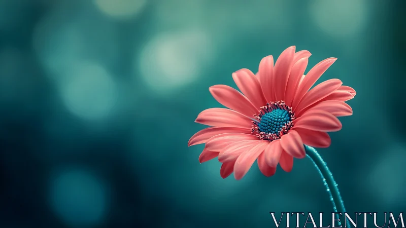 Coral Gerbera Against Teal Bokeh: Macro Studio Composition.
