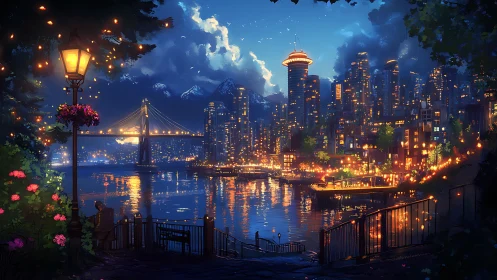 Waterfront city skyline glows under twilight mountain sky.