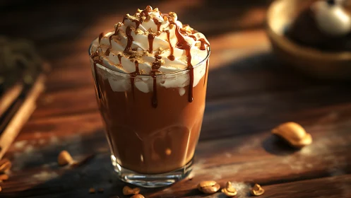 Iced caramel coffee glows in warm rustic afternoon light