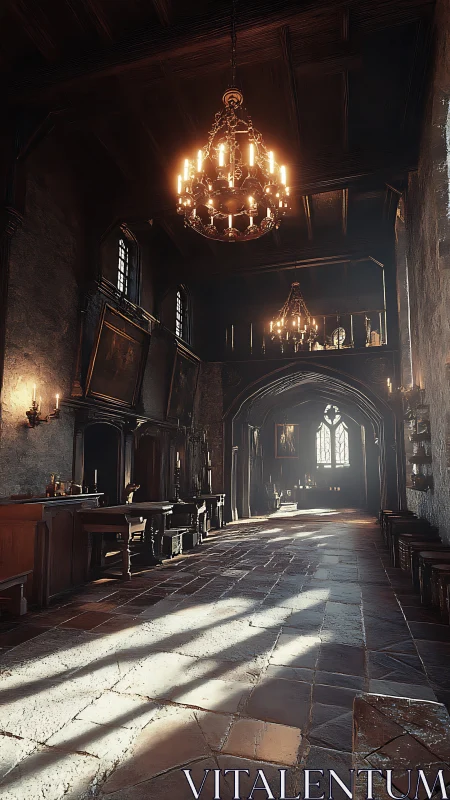 Medieval stone hall under chandeliers and window light.