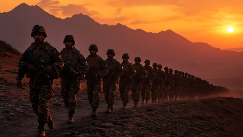 Soldiers march in formation under blazing mountain sunset.