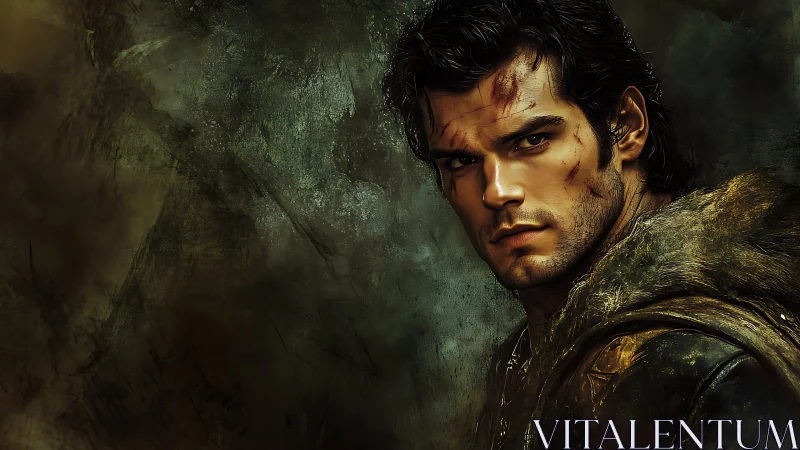 War-torn warrior portrait with moody textured backdrop.