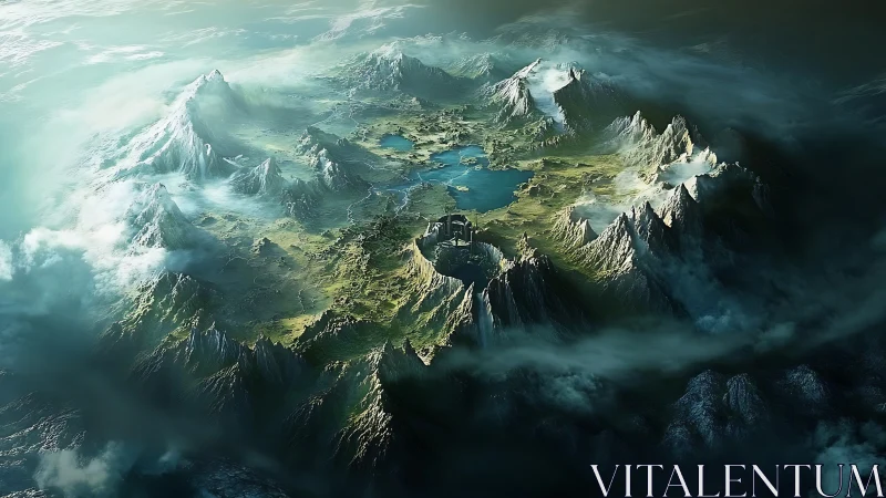 Alpine Sanctuary: Snow-Crowned Peaks Embracing Emerald Valley. Digital Rendering.