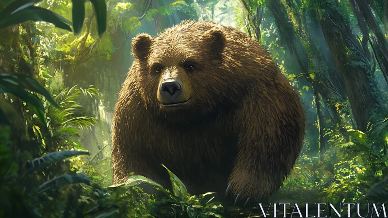 Brown bear walking through dense green forest sunlight.