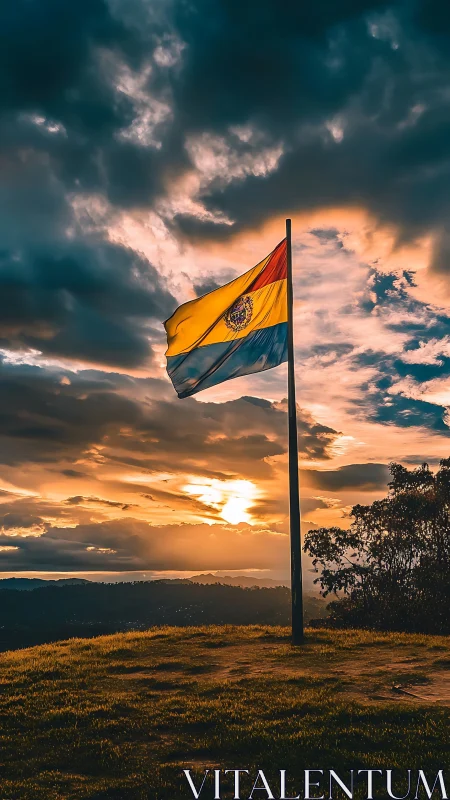 Sunset flag glowing against dramatic golden clouds.