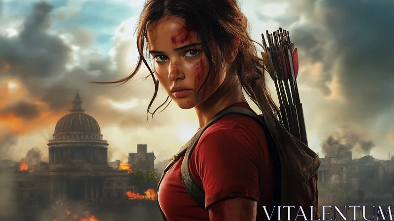 Battle-scarred archer girl stalks a burning broken city.