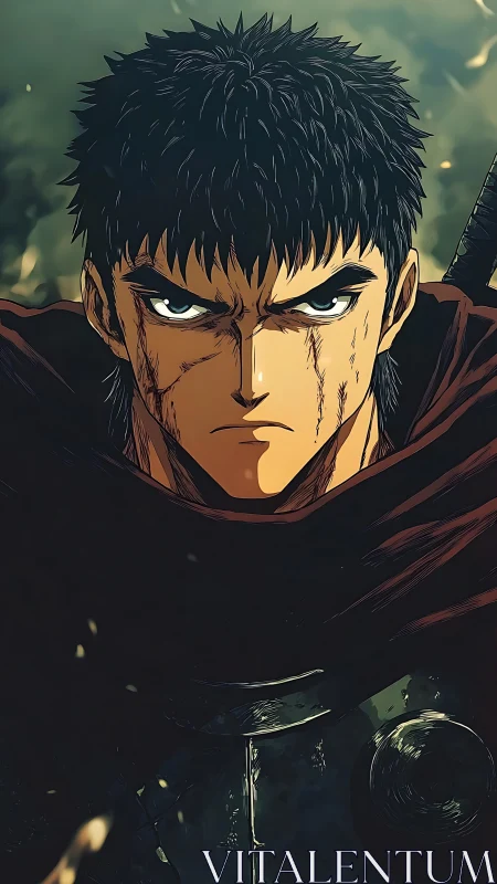 Battle worn anime warrior stares forward with intense focus