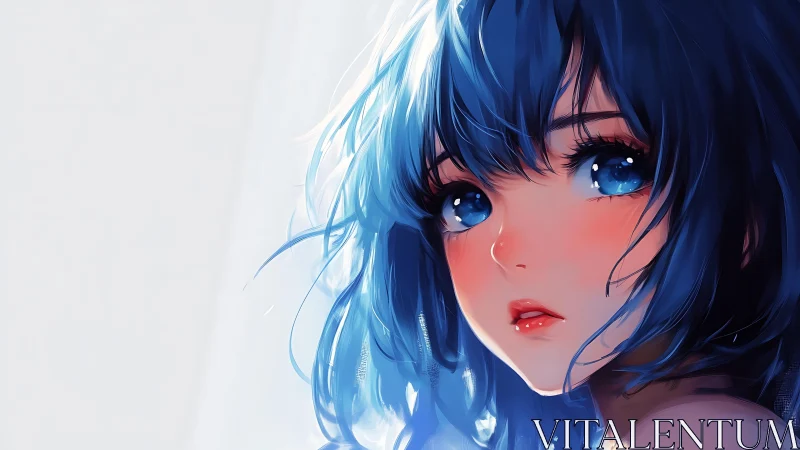 Blue haired anime girl with luminous eyes in soft light.