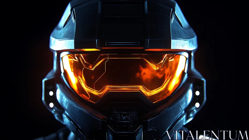 Futuristic armored helmet with glowing orange visor front view.