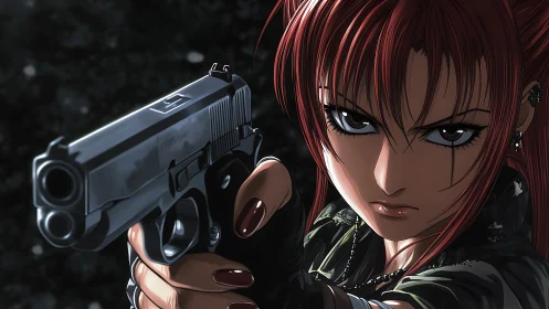 Dynamic close-range perspective frames intense armed anime heroine