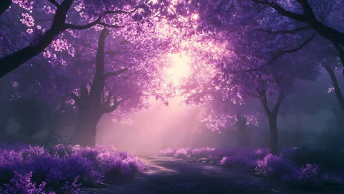 Purple Forest Path with Luminescent Flora Canopy