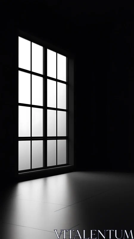 Tall grid window casting light into dark empty room.