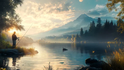Sunrise lets a lone angler borrow the mountain’s quiet glow