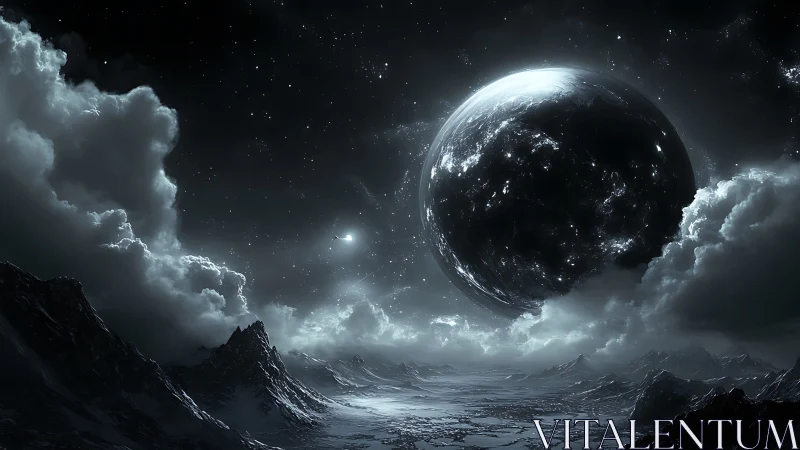 Dark exoplanet over frozen mountain landscape under stars.