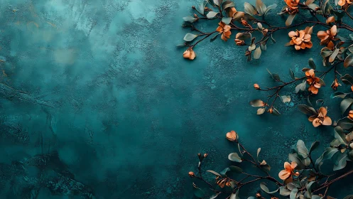 Terracotta Botanical Composition on Weathered Teal Surface.