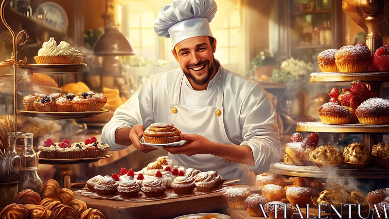 Smiling pastry chef presenting fresh cinnamon roll display.