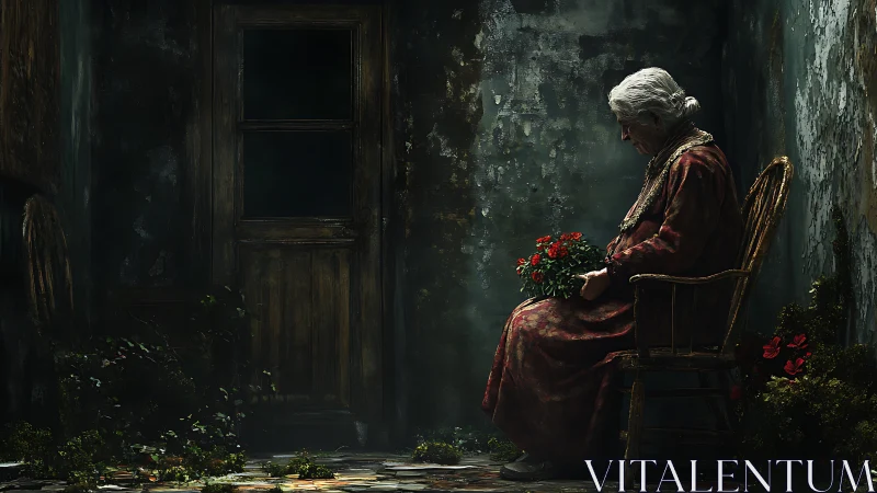 Elderly woman in worn corridor holding vivid red flowers.