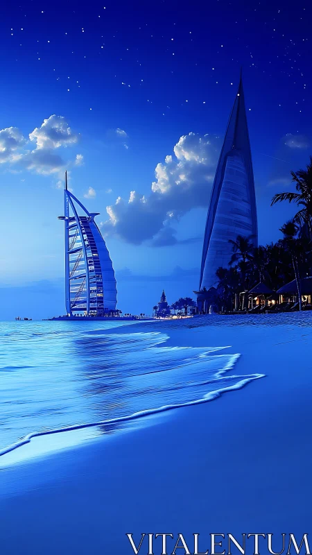 Night coastal skyline with modern towers and calm shoreline.