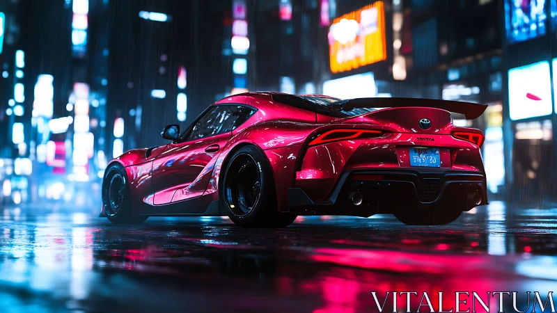 Red sports car glows against neon city streets in the rain