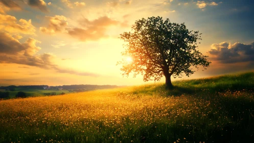 Single tree stands on grassy hill under low sun at horizon