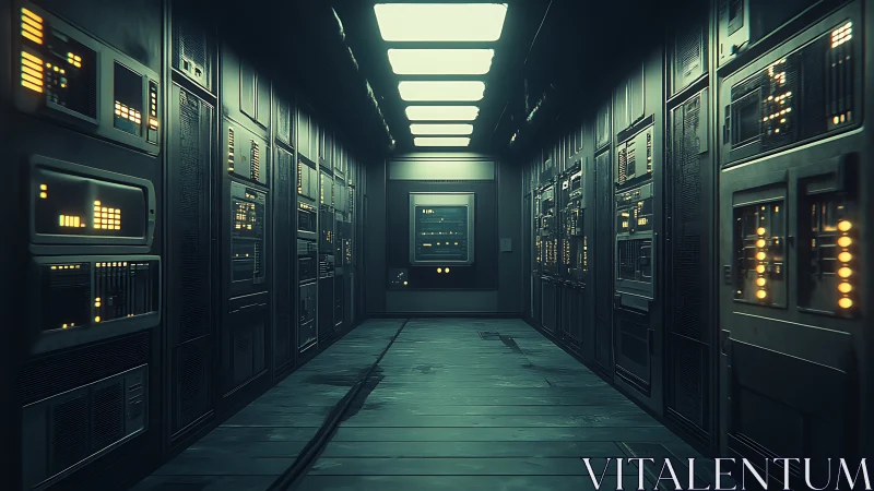 Futuristic server corridor glows with cold industrial light