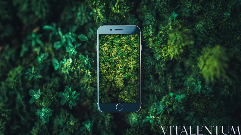 Smartphone screen mirroring lush green forest ground.