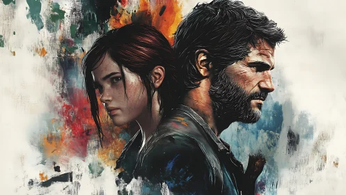 Two characters stand back to back against abstract paint field