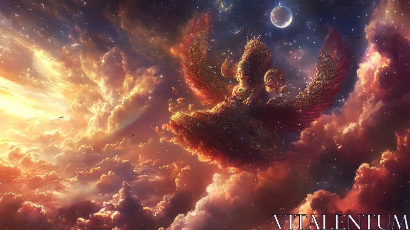 Celestial winged deity sailing through radiant cosmic clouds.