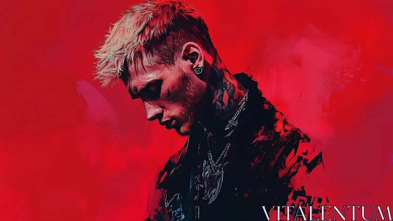 Side-profile digital portrait of tattooed figure on red field.