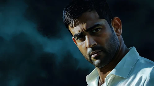 Digital portrait with cinematic lighting and moody backdrop.