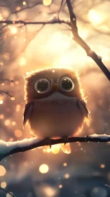 Digital owl character on snowy branch in backlit winter scene.