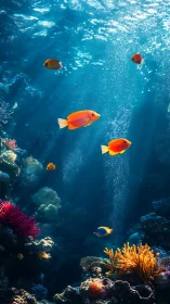 Photorealistic coral reef tableau with schooling tropical fish.