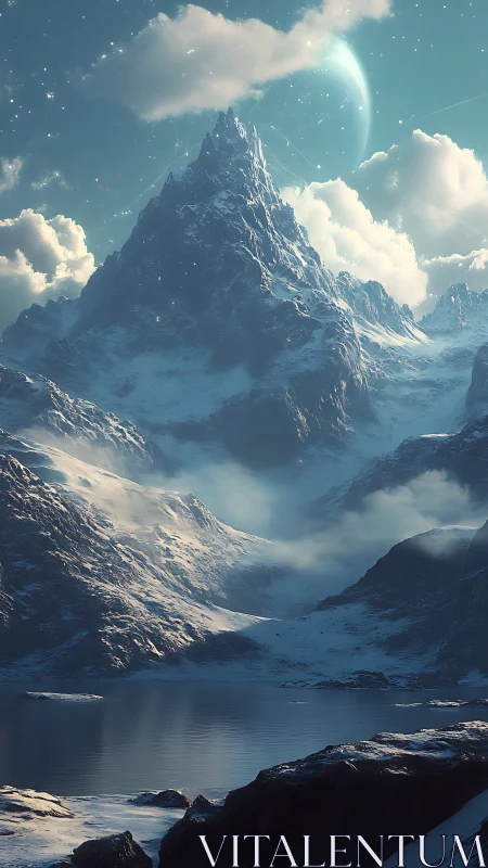 Snow-covered mountain and distant crescent planet above lake.