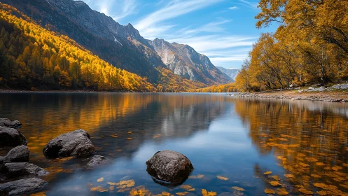 Mountain lake with autumn forest reflection under clear sky.