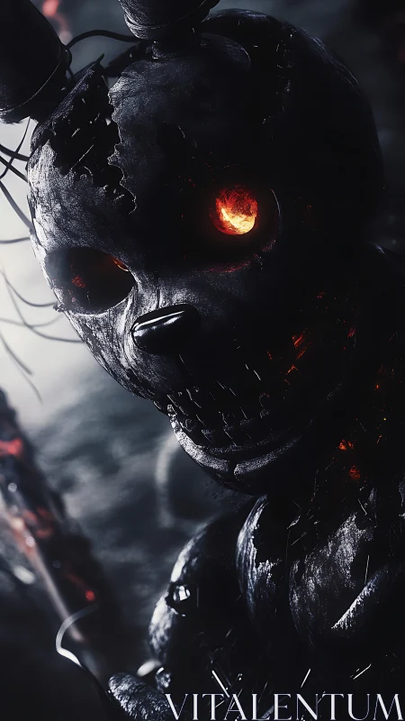 Burned animatronic rabbit glares with molten cyber eye.