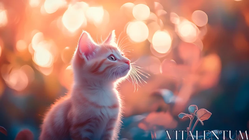 White Cat Gazing Upward Against Warm Bokeh.
