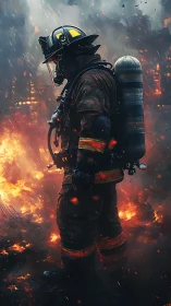 Firefighter in Inferno: Digital Portraiture Against Dramatic Flames.