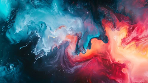Cosmic waves of teal and crimson collide in vivid motion.