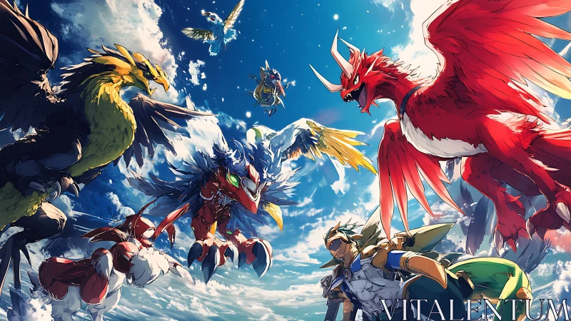 Armored rider commands aerial battle of chromatic avian mechs